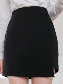 DAZY 夏季純色不對稱下擺優雅直筒裙 - 黑色 - 查看 4