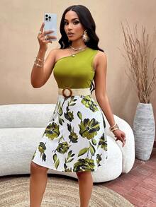 AIJ 女性優雅通勤款綁肩A線洋裝，帶有隨機植物印花 - 綠色 - 查看 4