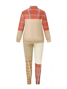 EMERY ROSE Plus Size Printed Spliced Casual Daily Long Sleeve Top And Pants Set