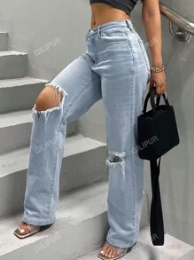 Jeans holgados rasgados de pierna recta para mujer, versátiles para uso casual diario
