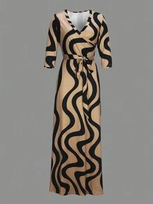 女士多色拼接连衣裙，深V领和收腰设计，优雅大方，适合外出就餐、购物等各种场合。