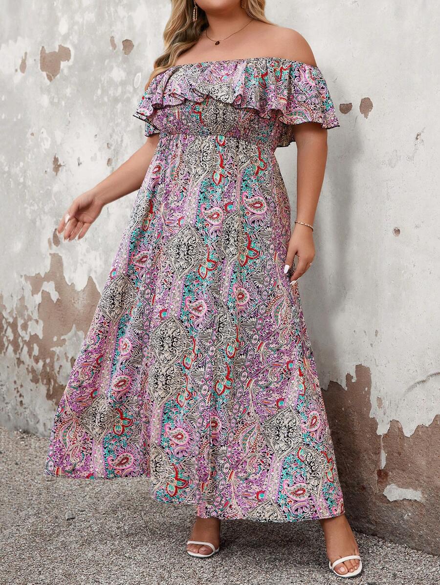 SHEIN LUNE Vestido de hombros descubiertos con dobladillo con volantes para mujer de talla grande con estampado aleatorio - Morado - Ver 1