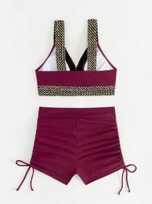 SHEIN Swim Women Summer Beach Simple Contrast Tape Daily Wireless Bikini Set - Burgundy - View 7