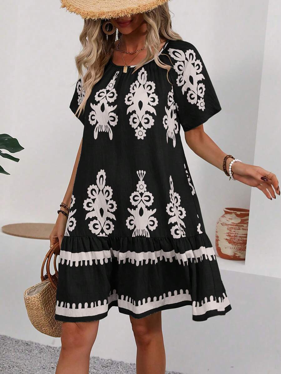 SHEIN LUNE Round Neck Short Sleeve Dress With All-Over Print - Multicolor - View 1