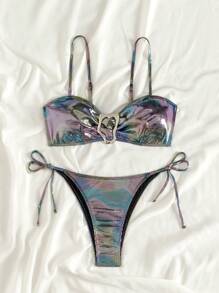 SHEIN Swim 细肩带拼色比基尼套装，带圆环装饰，非常适合夏季度假海滩穿着 - 黑色 - 查看 6