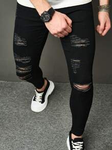 Manfinity Roughcore Men Black Streetwear Ripped Slim Fit Jeans,Summer Holiday Casual Frayed Long Cargo Pants,Stylish Daily Wear Street Party Gifts For Husband Boyfriend - Black - View 3