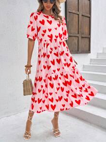 Breezaya Loose Heart Print Ruffle Hem Puff Sleeve Babydoll Dress For Summer Maxi Women Outfit - Multicolor - View 5