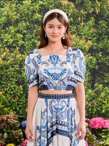 Teen Girl Vacation Paisley Puff Sleeve Print Top With Asymmetrical Hem Skirt Two-Piece Set - Blue - View 5