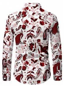 Men Paisley Print Button Up Long Sleeve Shirt, Fall - Red and White - View 2