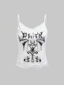 ROMWE Women's Gothic Skull & Bat Pattern Patchwork Lace Camisole Tank Top - White - View 1