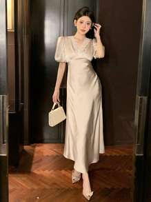 DAZY 女士蕾丝撞色V领优雅派对短袖连衣裙，生日舞会礼服，正式女士鸡尾酒会礼服 - 香檳色 - 查看 2