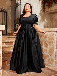 Plus Size Square Neckline Puff Sleeve Satin Fringe Glitter Dress Elegant Prom Semi Formal Wedding Guest Dress, For Birthday, Graduation, Homecoming Party Dress - Black - View 5