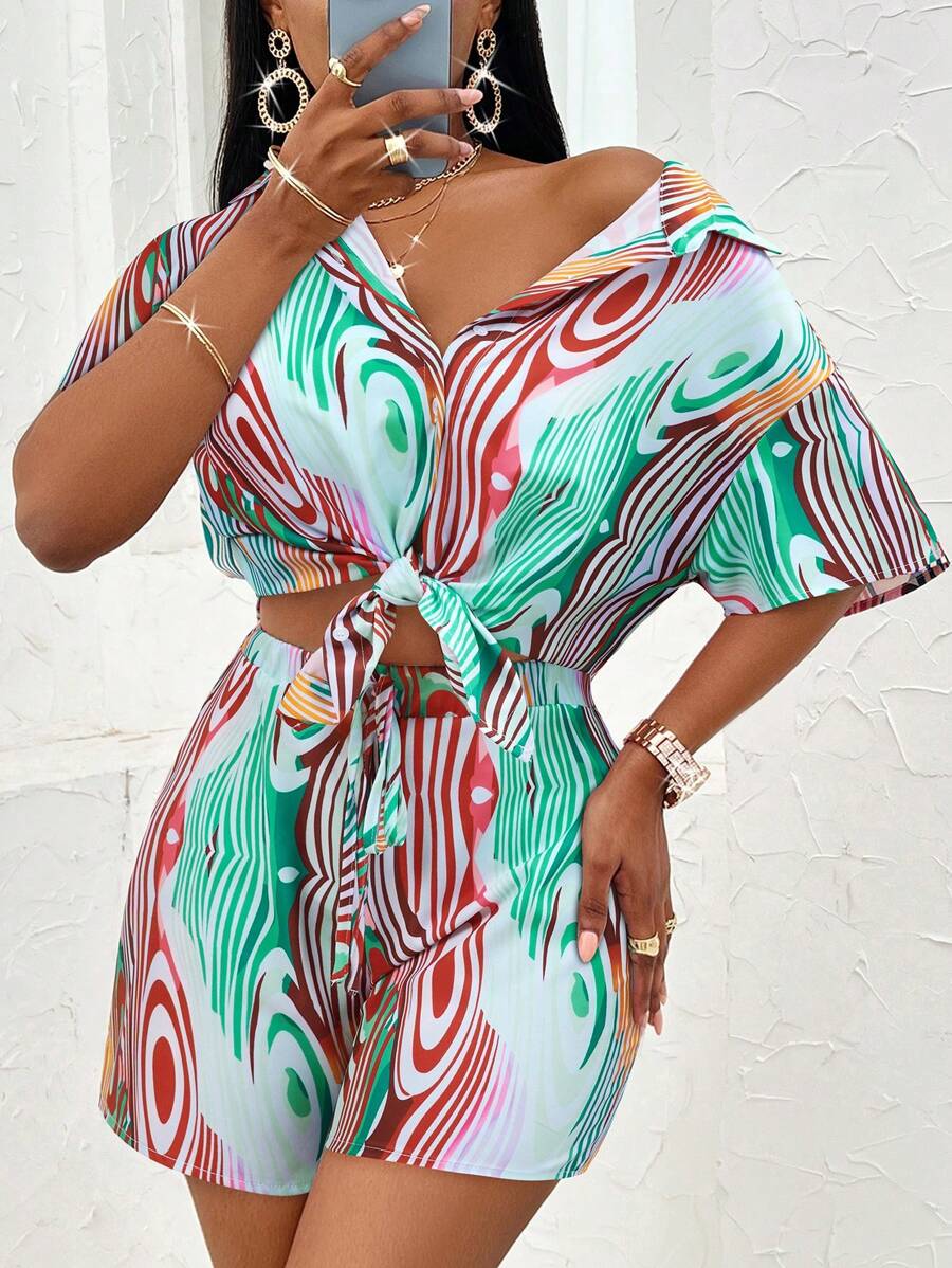Zolique Women Two-piece Outfits Blok Warna All Over Print Pola Bertekstur Casual Boho - Mint Blue - View 1