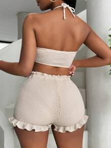 BamGleam Women Summer Cross Halter Bralette Top And Ruffle Trim Shorts Holiday 2 In 1 Set - Apricot - View 2