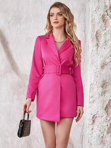 UNIQUE21 Women's Solid Color Turndown Collar Dress - Hot Pink - View 5