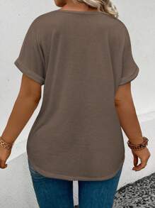INAWLY Plus Size Solid Color V-Neck Batwing Sleeve T-Shirt, Summer - Coffee Brown - View 2
