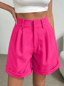 Chiquease Quần short lưng cao màu trơn thời trang dành cho nữ - Màu Hồng Tươi - Xem 3