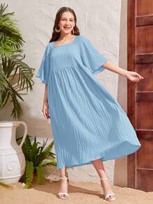 SHEIN Vestido casual tipo A de cintura alta con cuello cuadrado de manga abullonada y textura tejida para adolescente - Celeste - Ver 3