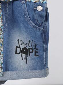 Young Girl Shorts Jumpsuit With Burnout And Printed Pattern - Medium Wash - View 7