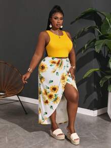 Slaydiva Plus Size Vacation Style Two-Piece Set: Cropped Vest Top With Sunflower Print, High Slit Fitted Skirts With Pleated Ruffle Hem For Summer,Holiday Outfits Boho - Yellow - View 5
