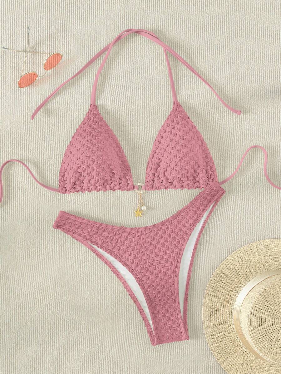 SHEIN Swim Bộ bikini hở lưng cổ chữ V có phần dưới tách biệt, đồ bơi hai mảnh có họa tiết, trang phục đi biển cho kỳ nghỉ hè, bãi biển mùa hè - Hồng - Xem 1