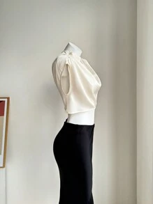 Firerie Blusa elegante de verano para mujeres con cuello alto y volantes de un solo color