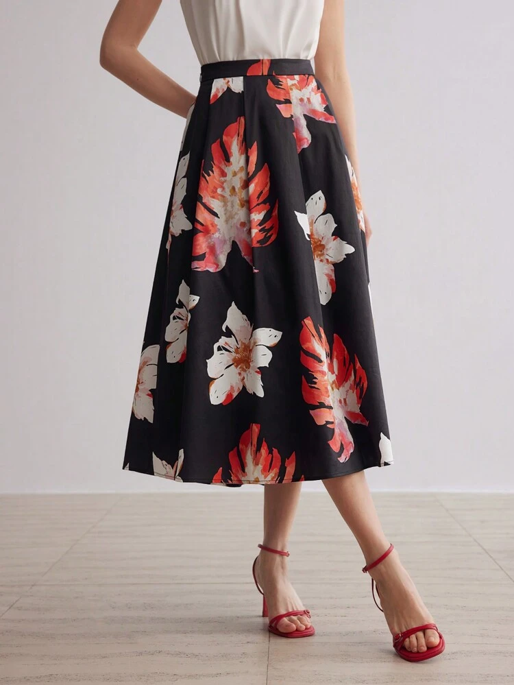 TROPICAL PRINT ZIPPER SIDE FLARE LONG SKIRT