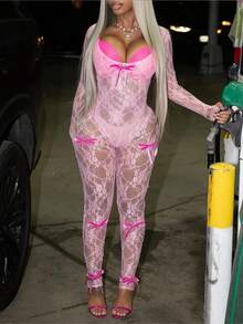 Mono básico para fiestas y salidas, con mangas largas, lazo, transparencias y encaje rosa para mujer, estilo romántico y vacacional - Rosa - Ver 4