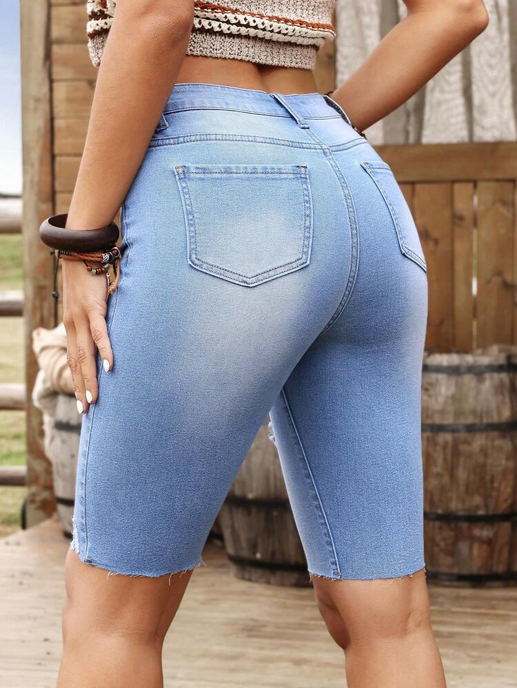 Women\ Casual Bermuda Denim Shorts With Ripped Pockets