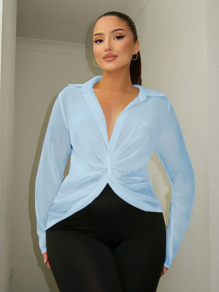 Women Spring/Summer Solid Color Long Sleeve Buttoned Slim Fit Shirt