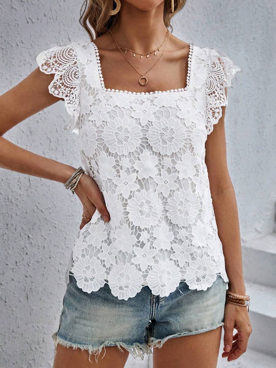 SHEIN Essnce 休閒女性蕾絲拼接度假春夏上衣 - 白色 - 查看 1