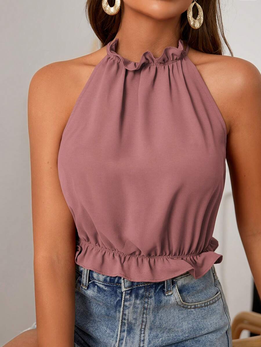 SHEIN Frenchy Ladies Simple And Casual Tank Top With Ear-Edge Decoration And Multi-Purpose Neck Hanging For Summer Thanks Giving Chic Pink - Pink - View 1