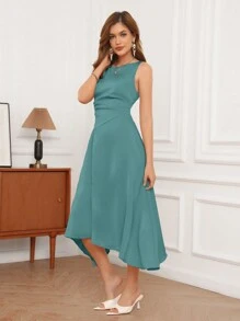 GENKIRA Váy xếp ly không tay có đường viền bất đối xứng với eo thon cho mùa hè - Màu xanh nhạt - Xem 4