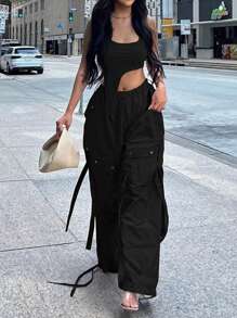 Solid Color Loose Cargo Pants With Pocket Ribbons, Casual - Black - View 1