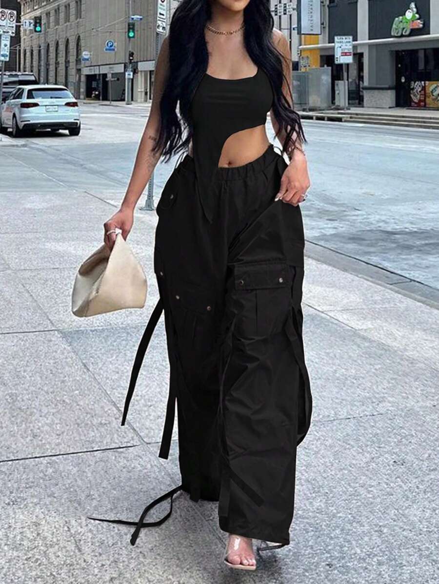 Solid Color Loose Cargo Pants With Pocket Ribbons, Casual - Black - View 1