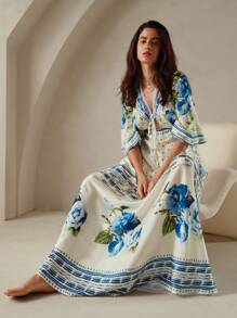 Anewsta Vintage Floral Print Women Deep V Neck Satin A-Line Dress With Fit And Flare Design And Bell Sleeves - Blue and White - View 1
