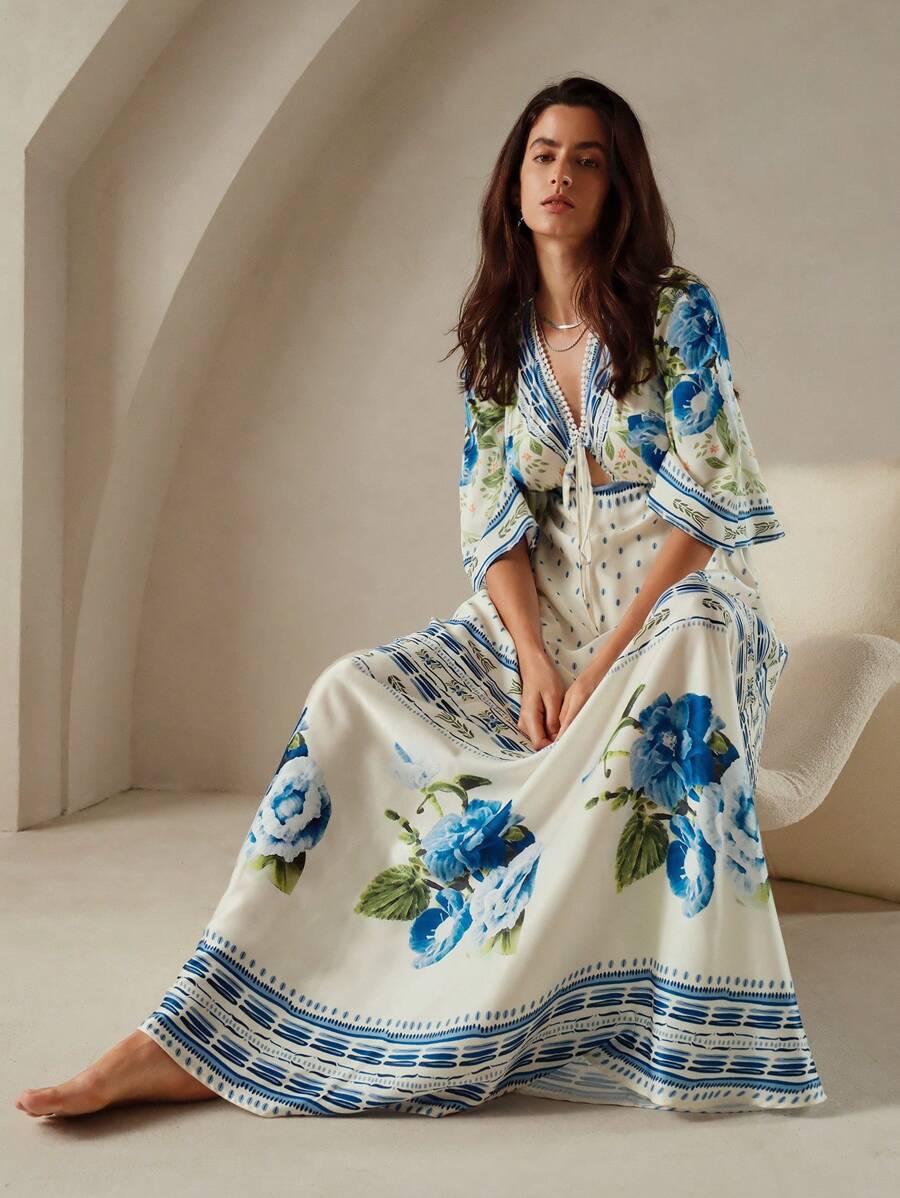Anewsta Vintage Floral Print Women Deep V Neck Satin A-Line Dress With Fit And Flare Design And Bell Sleeves - Blue and White - View 1