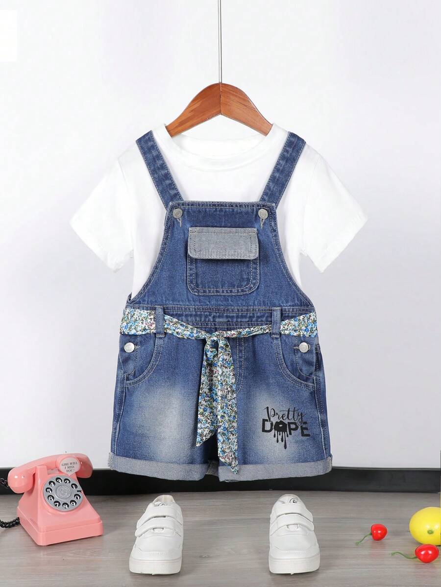 Young Girl Shorts Jumpsuit With Burnout And Printed Pattern - Medium Wash - View 1