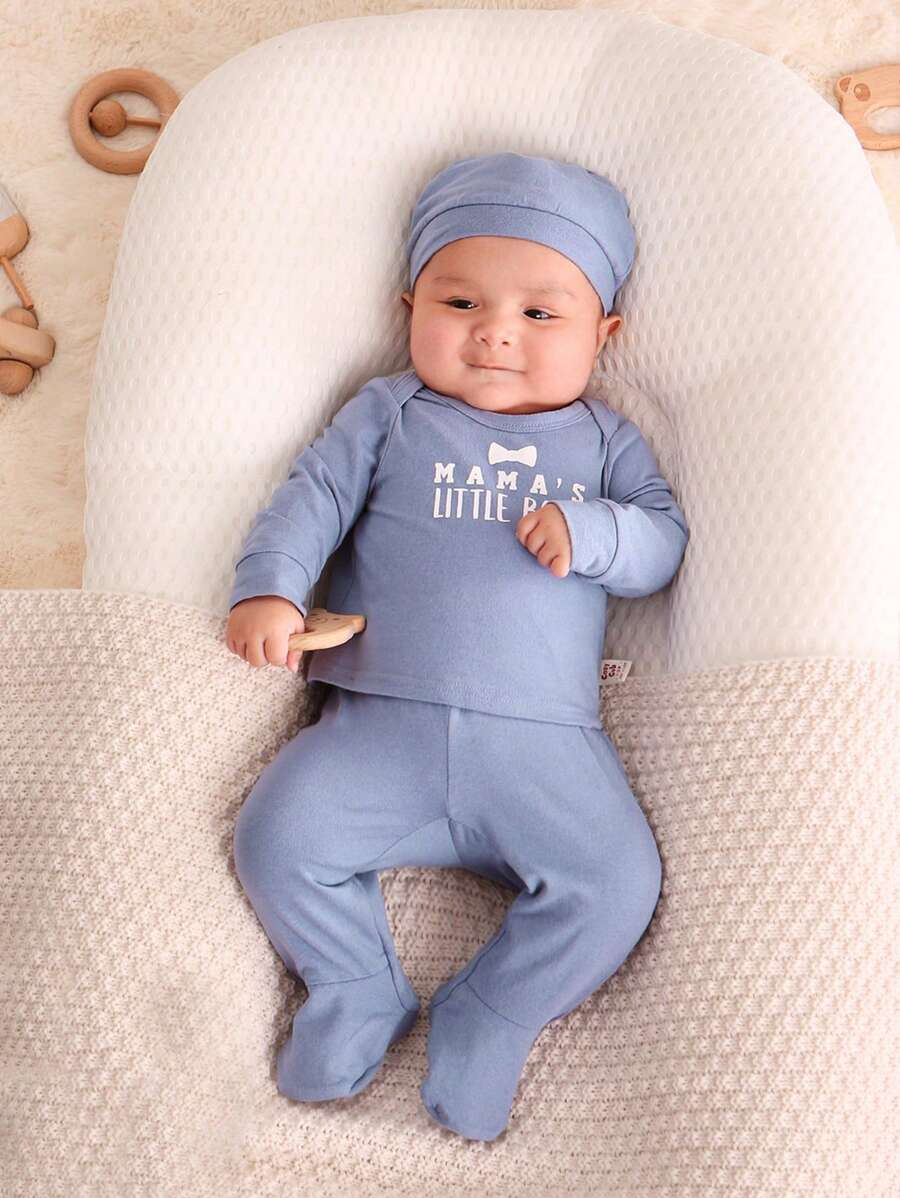 Cozy Pixies Newborn Baby Boy Slogan Graphic Tee & Footed Pants & Hat PJ Set - Dusty Blue - View 1