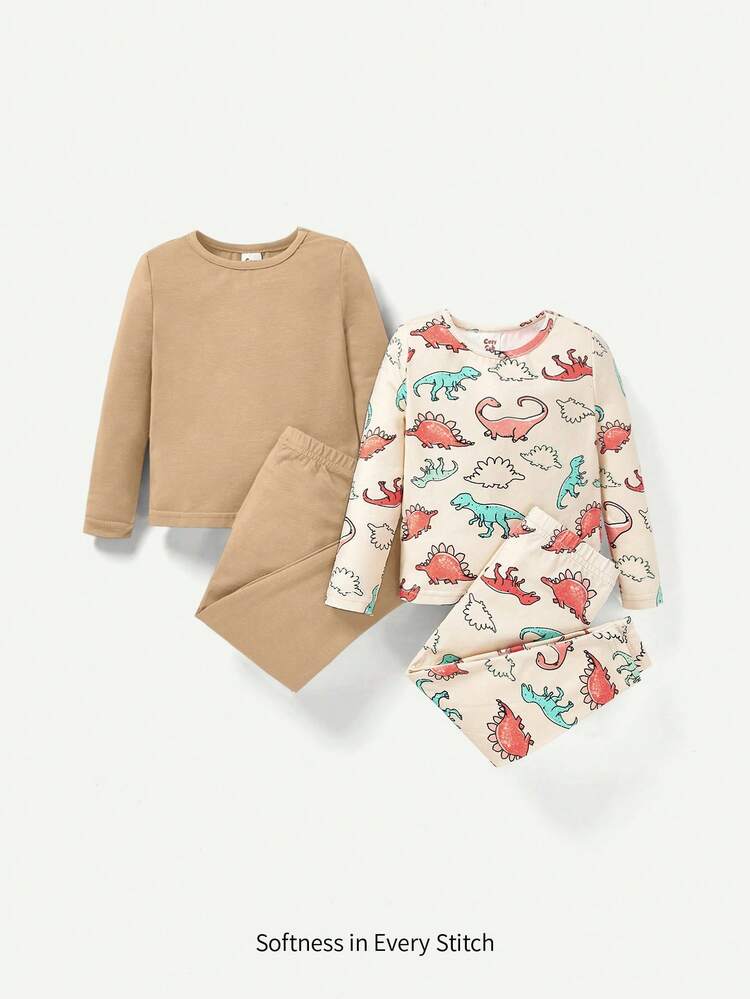 Baby Boy Snug Fit Pajama With Cartoon Dinosaur Printed Round Neck Top And Pants Set Of 4 Matching Set