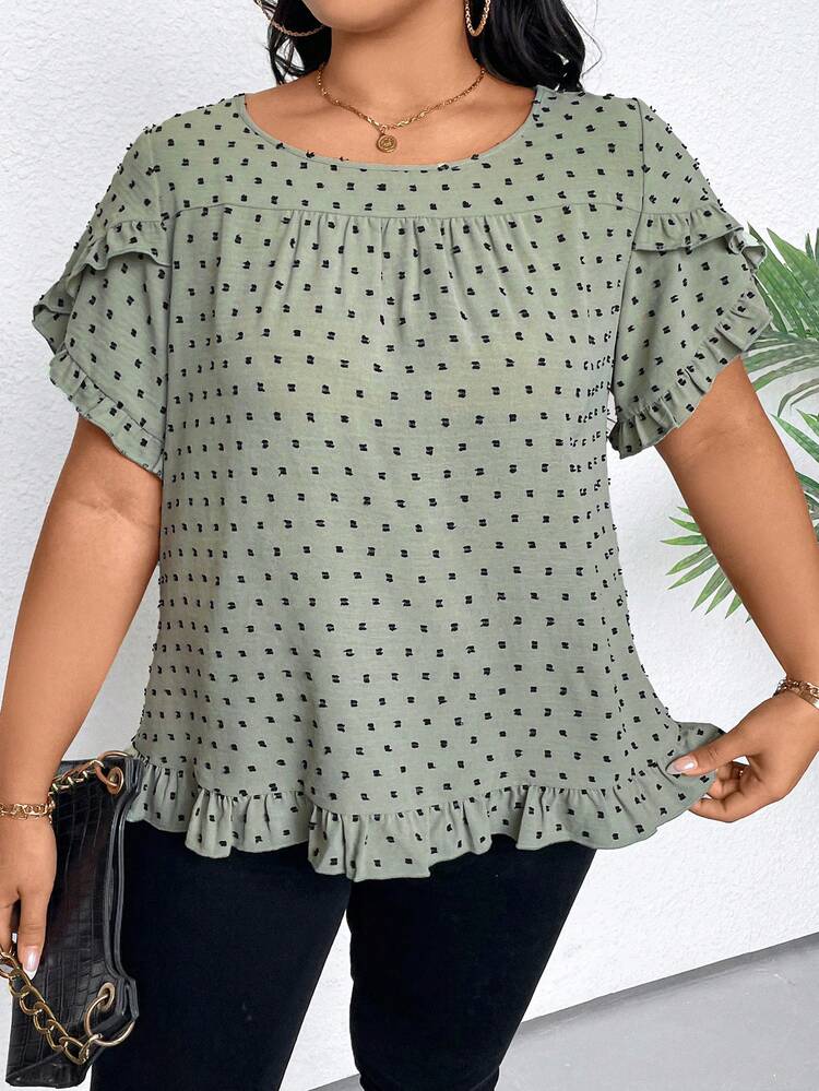 Plus Size Women Loose Fit Polka Dot Print Petal Short Sleeve Shirt With Round Neck For Summer