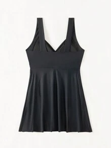 SHEIN Swim Solid Color Heart Shaped Neckline Stylish Summer Beach Tankini Dress - Black - View 8
