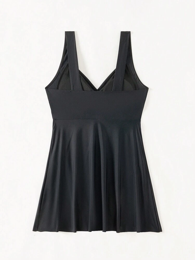 Solid Color Heart Shaped Neckline Stylish Summer Beach Tankini Dress