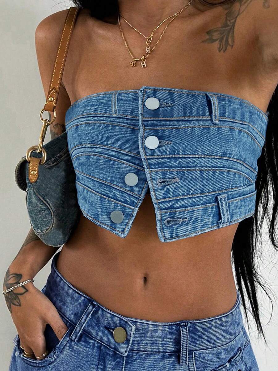 Y2K Street Button Front Strapless Splicing Belt Elastic Back Backless Denim Clubwear Crop Tube Top - Blue - View 1