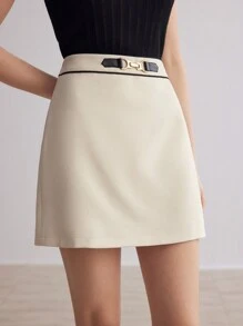 MOTF PREMIUM SOLID CHAIN DETAIL STRAIGHT SKIRT,SUMMER OUTFITS - Beige - View 4