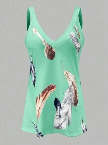 SHEIN LUNE Summer Casual Feather Print Tank Top - Mint Green - View 1
