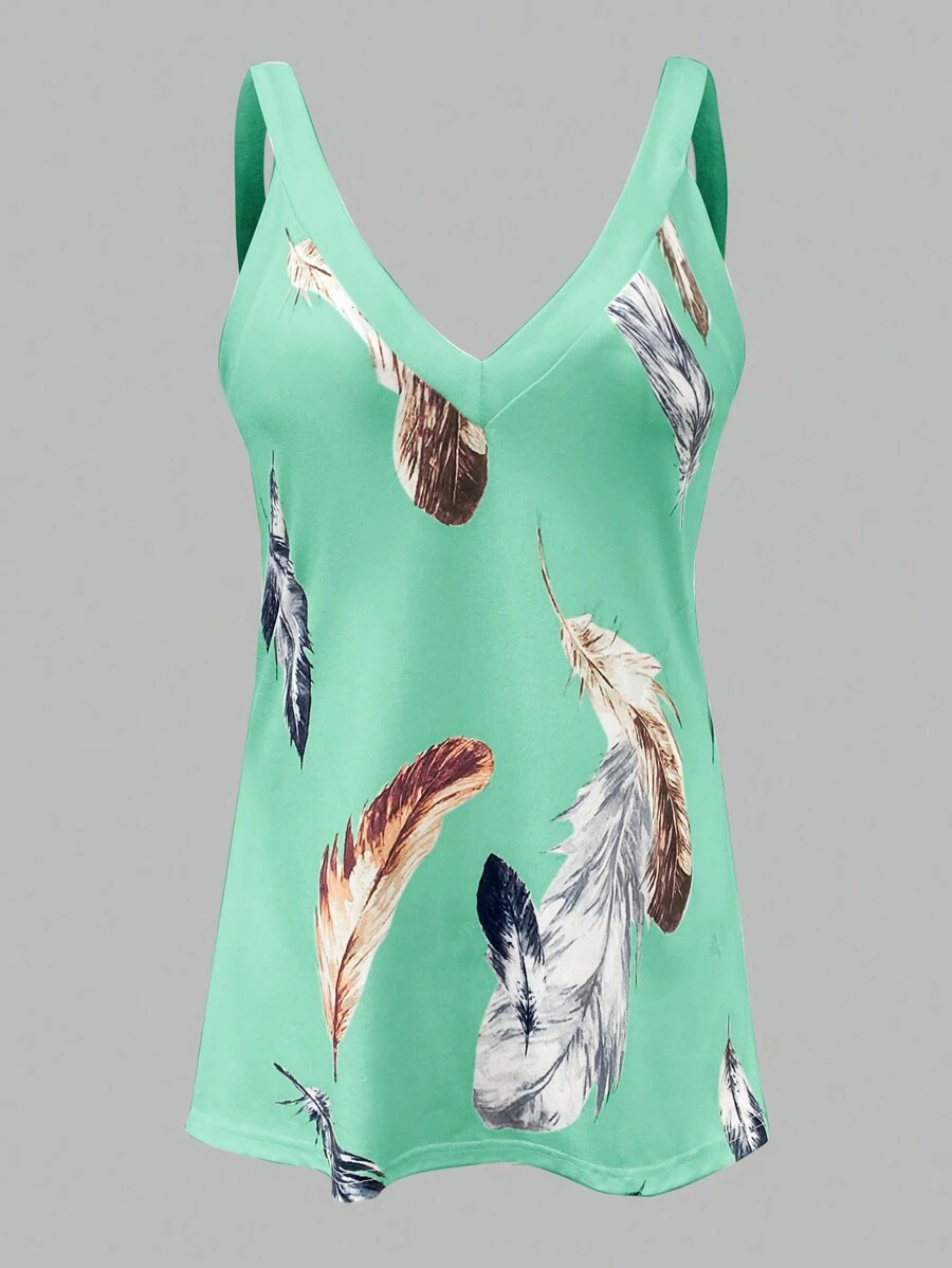 SHEIN LUNE Summer Casual Feather Print Tank Top - Mint Green - View 1