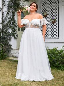 Cộng với váy cưới dài ren thêu, lá diềm xếp nếp, vải mỏng, lưới nối - trắng - Xem 4