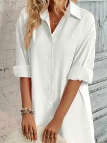 INAWLY Women Solid Color Simple Style Button-Up Daily Shirt