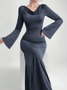 Mulvari Women Long Dress With Swing Neckline Design And Bell Sleeves
